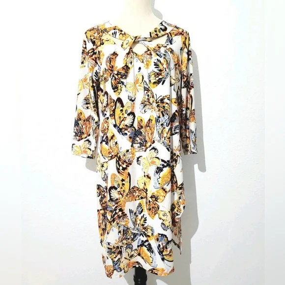 Attitudes by René Butterfly Print Tunic Top Women Small Keyhole Neck Relaxed Fit - Picture 4 of 14